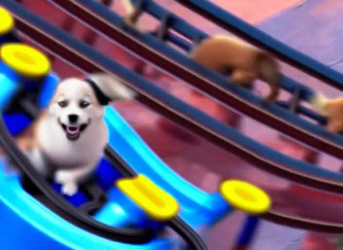 Prompt: film still of a dog riding a roller coaster in disneyland paris in the new kids movie, 8 k