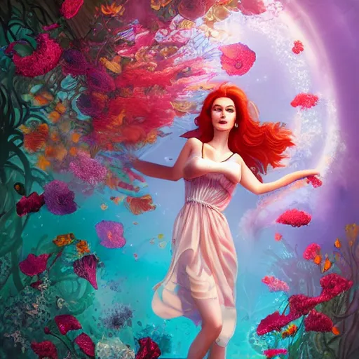 Image similar to Triss Merigold in a swirling sundress of flowers, underwater, floral explosion, radiant light, vortex of plum petals, by WLOP, Tristan Eaton and artgerm, artstation, deviantart