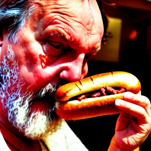 Image similar to slavoj zizec eating a hot dog, hdr, close - up, cinematic