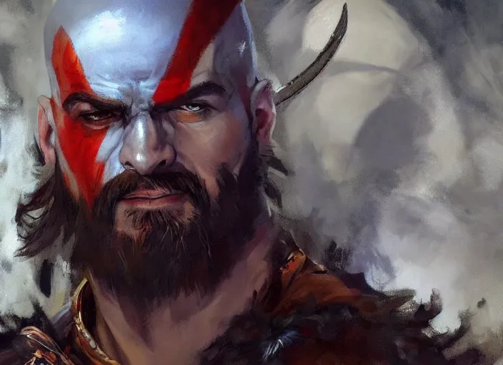 Prompt: a highly detailed beautiful portrait of gabriel boric as kratos, by gregory manchess, james gurney, james jean