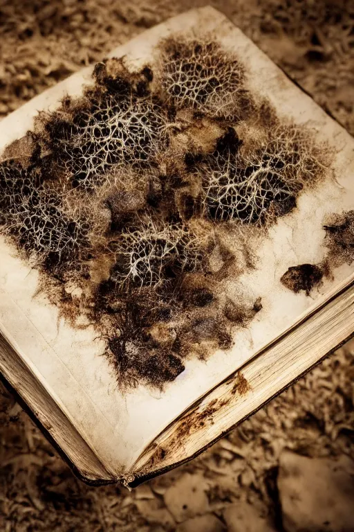 Image similar to Mycelium growing on an old dusty magic book, macro, dramatic lighting, cinematic, establishing shot, extremely high detail, foto realistic, cinematic lighting, post processed, concept art, high details, cinematic, 8k resolution, beautiful detailed, photorealistic, digital painting, artstation, concept art, smooth, sharp focus, artstation trending, octane render, unreal engine