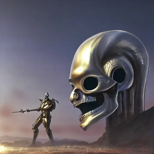 Image similar to high fantasy 1 9 8 0's wargame airbrushed artwork - inspired octane render, a giant silver reflective chrome android wearing a mask shaped like an intricately carved beautiful human skull with glowing laser eyes, golden giant battle armor, inside a futuristic army base