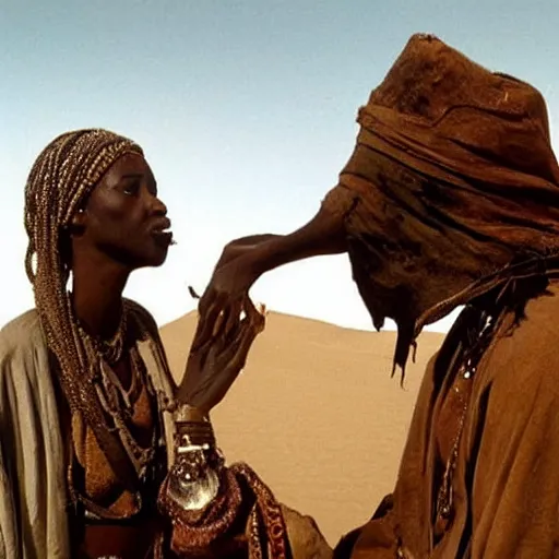 Image similar to a sand wraith kissing a handsome tuareg. Amazing detailed movie still