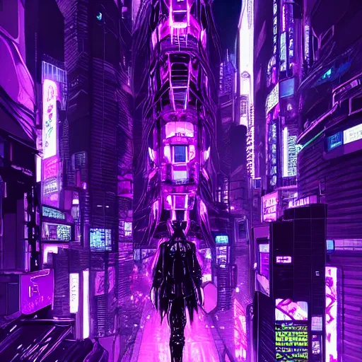 Image similar to Giant Purple Amethyst in cyberpunk neon Tokyo in style of Tsutomu Nihei. Cyberpunk, vertical symmetry, 8K, Highly Detailed, Intricate.