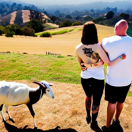 Image similar to portrait of a bald white male tattoos and his white female brown hair wife with tattoos. male is wearing a white t - shirt, tan shorts, white long socks. female is has long brown hair and a lot of tattoos. photo taken from behind them overlooking the field with a goat pen. rolling hills in the background of california and a partly cloudy sky