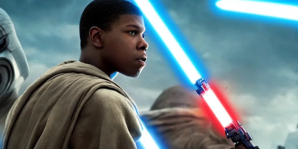 Image similar to Finn, star wars, john boyega as a jedi ultra realistic, 4K, movie still, UHD, sharp, detailed, cinematic, render, modern