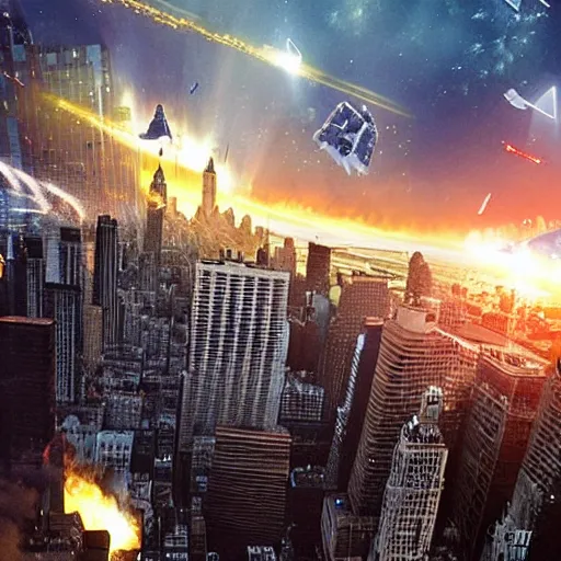 Prompt: Starship falling from tje sky on New York city, still from latest Michael Bay sci-fi movie