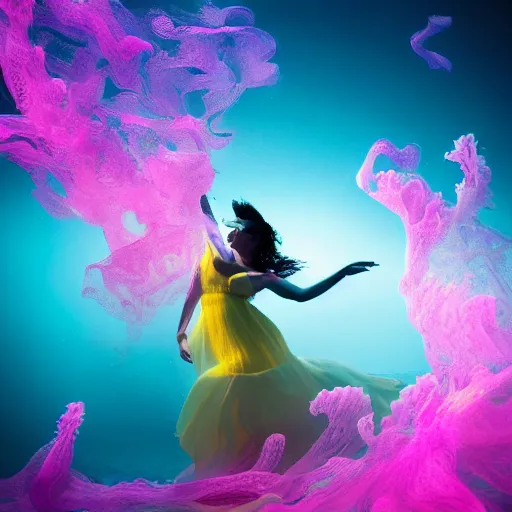 Image similar to woman dancing underwater wearing a flowing dress made of blue, magenta, and yellow seaweed, delicate coral sea bottom, swirling silver fish, swirling smoke shapes, octane render, caustics lighting from above, cinematic, hyperdetailed