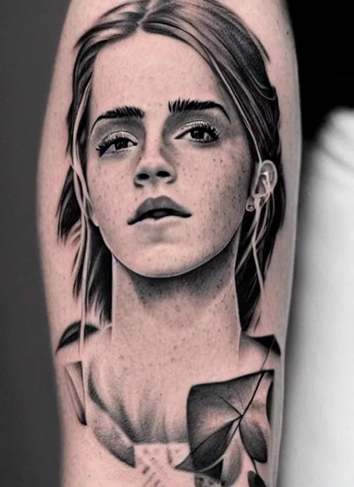 Image similar to emma watson, dope tattoo, hyperrealistic