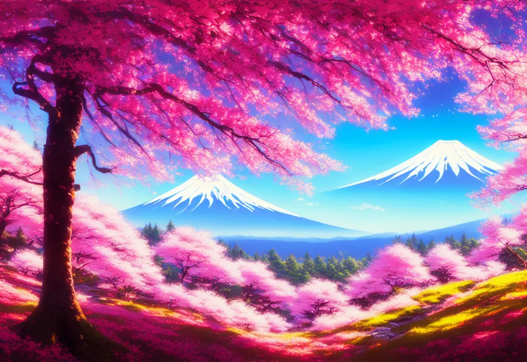 Image similar to a real photographic landscape painting with incomparable reality, wide angle, in forest, flowers, cherry blossom tree in full bloom, bright style, mount fuji, clearing, magnificent, artstation, art by makoto shinkai