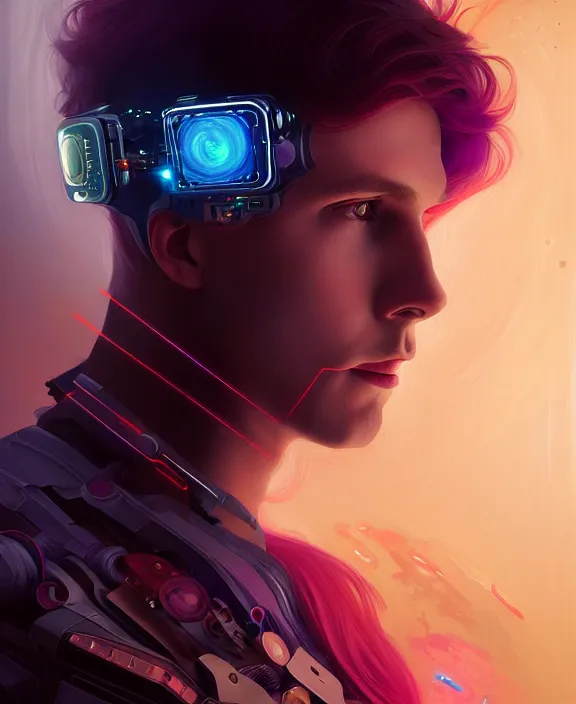 Image similar to a whirlwind inside the metaverse, guy, male, man, hologram, half body, neurochip, android, cyborg, cyberpunk face, by loish, d & d, fantasy, intricate, elegant, highly detailed, colorful, digital painting, artstation, concept art, art by artgerm and greg rutkowski and alphonse mucha