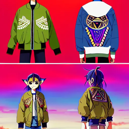 Image similar to majora majora's mask wearing oversized mayan bomber jacket with overalls, bulky poofy bomber jacket with mayan patterns, aztec street fashion, botw art style, gapmoe yandere grimdark, trending on pixiv fanbox, painted by greg rutkowski makoto shinkai takashi takeuchi studio ghibli, akihiko yoshida