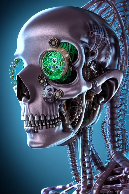 Prompt: 3D render of a STEAMpunk cyborg with translucent skull filled with a fractal of liquid mercury switches, neon eyeballs, titanium skeleton, anatomical, latex flesh and facial muscles, neon wires, microchips, electronics, veins, arteries, glowing, highly detailed, octane render, global lighting by H.R. Giger and Johanna Martine and Alex Grey, 8K HDR