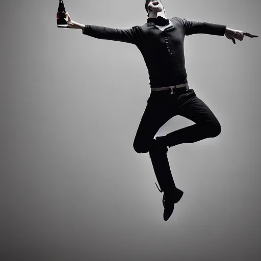 Image similar to an elgant detailed portrait of a man boisterously dancing around the room by himself holding an empty wine bottle as he jumps in the air, striking artistic concept, detailed facial expression, fine detail, dramatic lighting, award-winning photo UHD, 4K