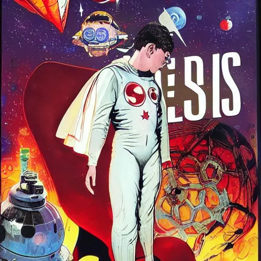 Prompt: Alex Ross and Sergio Bleda and Jérémy Petiqueux and Alex Maleev artwork of a boy super scientist in a retro space costume