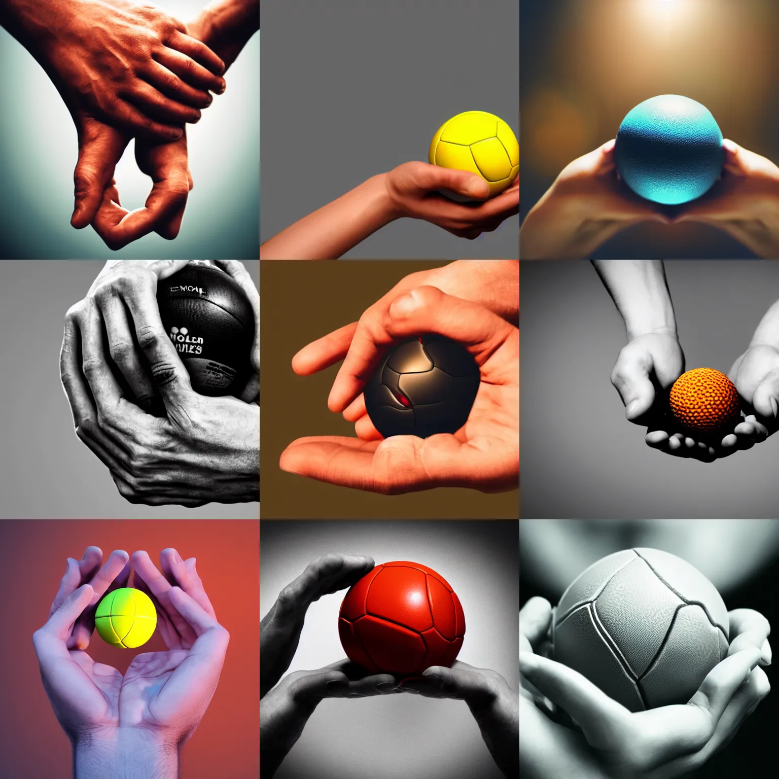 Prompt: extreme close - up shot, homo sapiens hands holding a ball, dynamic lighting, photorealistic, realistic, 2 5 mm