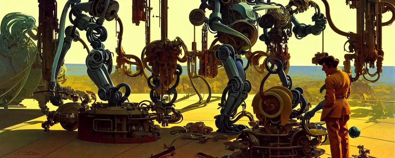 Image similar to natural american landscape | robot repairing another robot, painting by syd mead and weta studio, alphonso mucha, james jean, frank frazetta, highly detailed, rule of third, soft lighting, 8 k resolution, oil on canvas, architectural magazine, beautiful detailed, insanely intricate details, artstation trending, hypermaximalistic, high details, cinematic