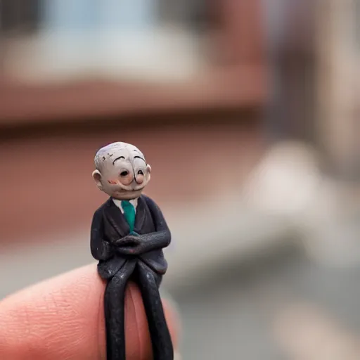 Prompt: mr bean made of clay in a cardboard city, cute, 55mm lens f1.4