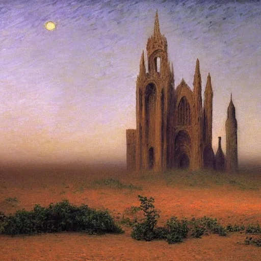 Prompt: Landscape painting of a sand castle in a foggy desert in the evening. Gothic architecture. The sun sets. Warm colors. Dark bright effect. Oil on canvas by Caillebotte and Albert Bierstadt and Ernst Haeckel and James Jean. Very detailed drawing, with a deep sense of composition. The style of the painting is delicate and slightly drawn.