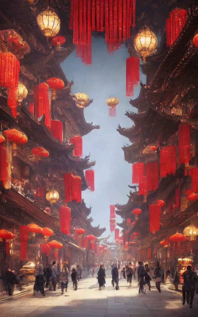 Image similar to epic scenery of a shopping street in the Chinese imperial city, intricate, elegant, volumetric lighting, digital painting, highly detailed, artstation, sharp focus, illustration, concept art, ruan jia, steve mccurry