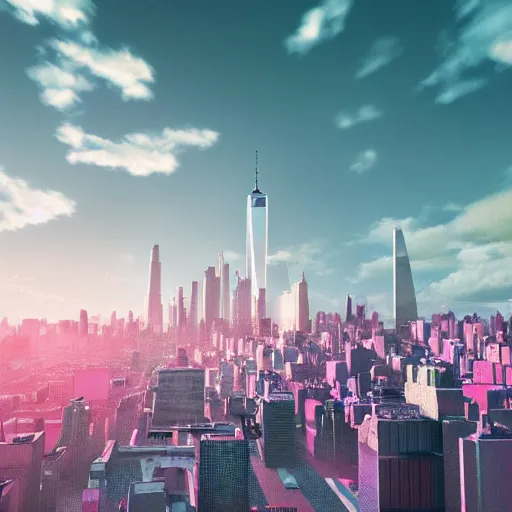 Prompt: a futuristic new york city in shiny crystalline, octane render, clouds : 3, pink sun : 3, in the style of sahm : 2