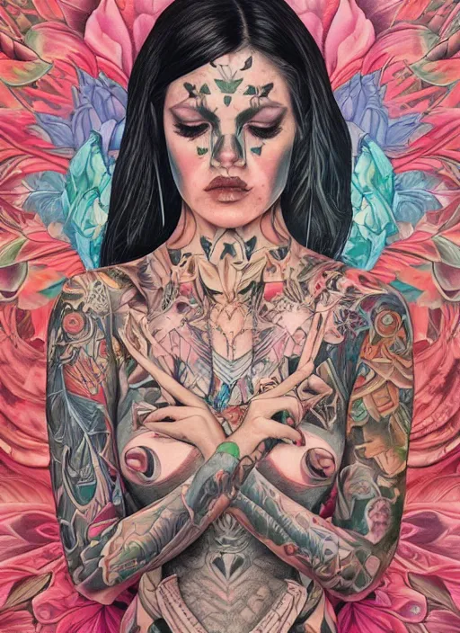Prompt: beautiful enlightened woman instagram influencer with tattoos, tattooed skin, oil painting, robe, symmetrical face, dark ritual myth, by martine johanna masterpiece