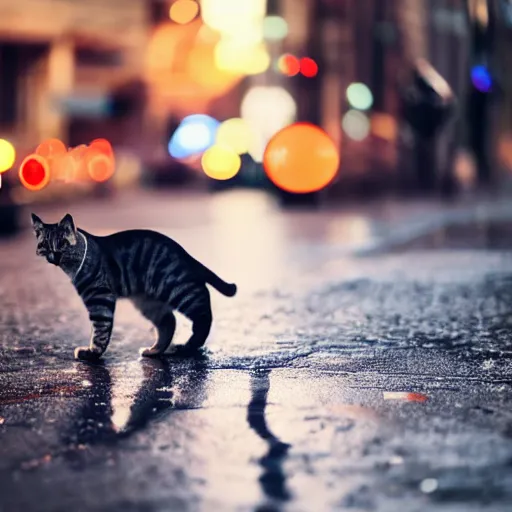 Image similar to Cat sitting on wet street corner with, glowing exclamation mark over its head, glowing exclamation mark over its head, high detail, 4k