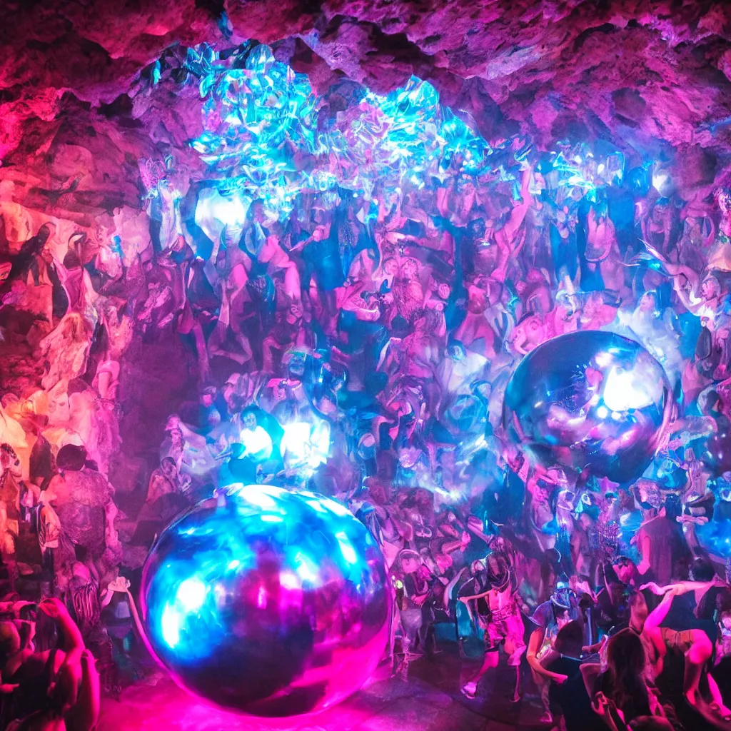 Image similar to cinematic shot of a goth disco nightclub in a cave, sphere made of holographic knives!!! with pink lasers and blue crystals, brutal weapon iconography!!! goth people dancing, 8 k photograph