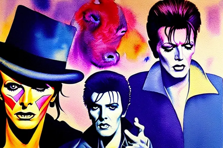Image similar to a hyperrealist watercolour character concept art portrait of the david bowie and elvis together on well lit in las vegas, nevada. there is a ufo. intense colors. cinematic. by rebecca guay, michael kaluta, charles vess and jean moebius giraud