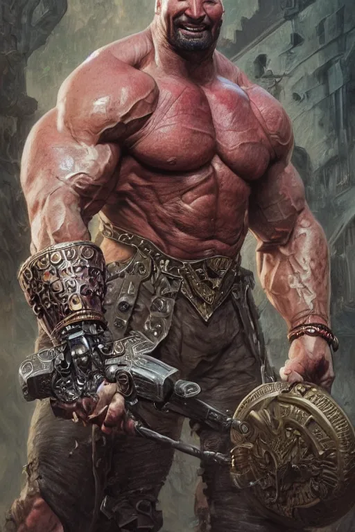 Image similar to ultra realistic illustration,, a hulking herculean dave bautista with leather armour, from doom and warhammer, intricate, elegant, highly detailed, digital painting, artstation, concept art, smooth, sharp focus, illustration, art by artgerm and greg rutkowski and alphonse mucha