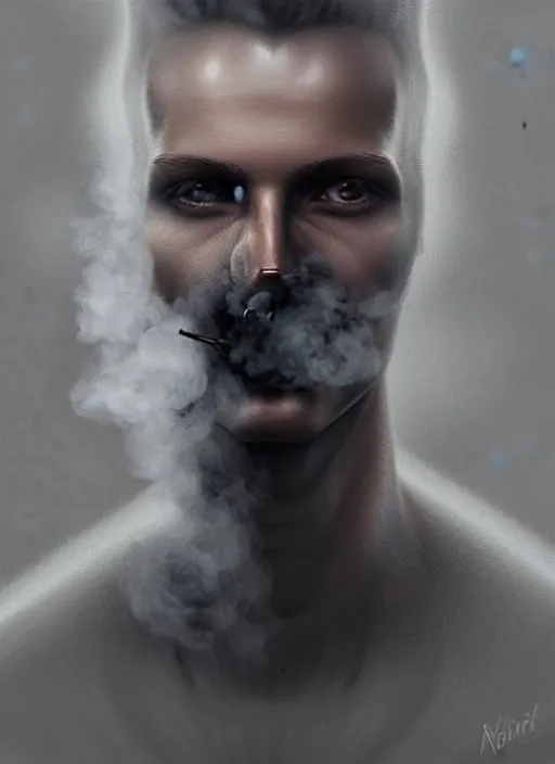 Image similar to portrait of finnish man made partly out of smoke, vanishhing slowly as an smoke to the air, realistic smoke, different smoke colors elegant, highly detailed, digital illustration, trending in artstation, trending in pinterest, glamor pose, concept art, smooth, sharp focus, art by artgerm and greg rutkowski