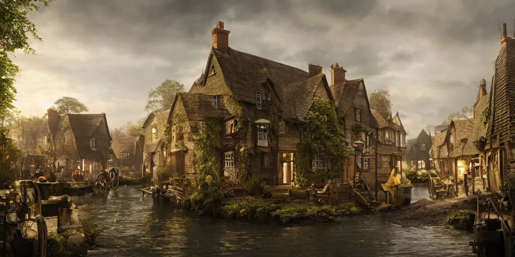 Image similar to beautiful matte painting of old england village by weta workshop 8 k, cinematic dramatic atmosphere, dramatic lighting