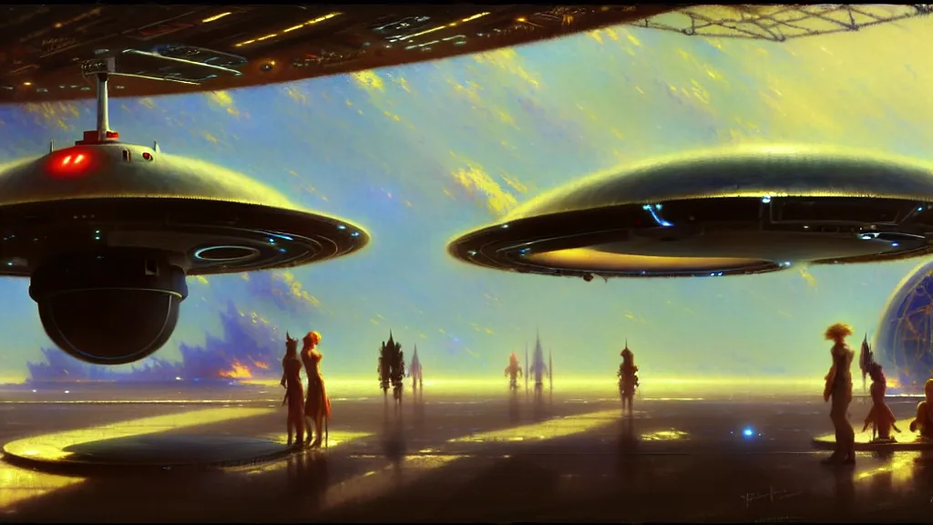 Prompt: a film still of a 1 9 5 0's a ufo landing in hangar of giant ufo spaceship, trending on pixiv fanbox, painted by gaston bussiere, makoto shinkai, akihiko yoshida, gaston bussiere, craig mullins