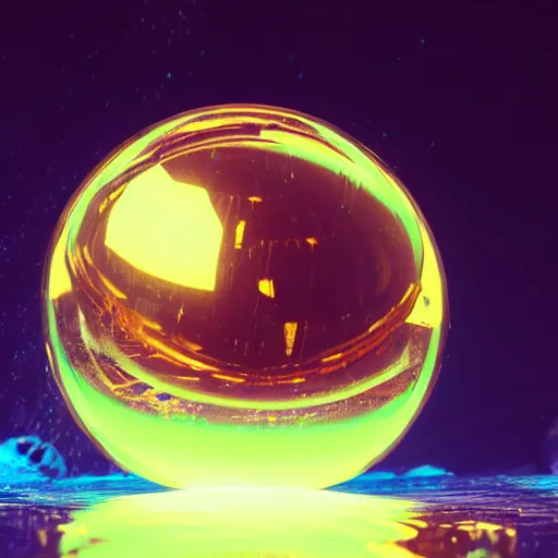 Prompt: tilt shift sphere underwater huge light intricate reflection diffraction refraction marble gold obsidian preraffaellite photography cut, octane, artstation render 8 k neon