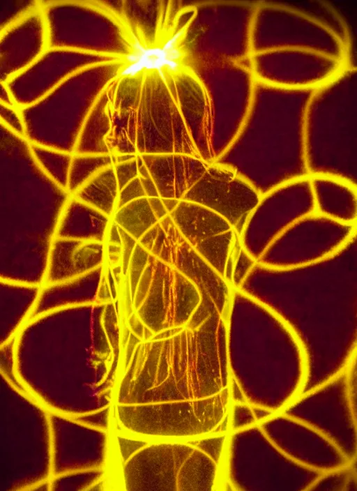 Image similar to female ascending, glowing third eye, particle glowing aura, motion blur, film grain, cinematic lighting, experimental film, shot on 1 6 mm, luminol light