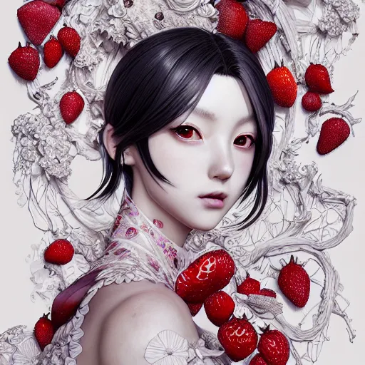 Image similar to the portrait of an absurdly beautiful, graceful, elegant, sophisticated, fashionable young gravure idol made of strawberries and white petals, an ultrafine hyperdetailed illustration by kim jung gi, irakli nadar, intricate linework, bright colors, octopath traveler, final fantasy, unreal engine 5 highly rendered, global illumination, radiant light, detailed and intricate environment