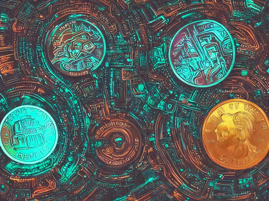 Prompt: glowing coin, digital art, ultra-detailed, cyberpunk colors