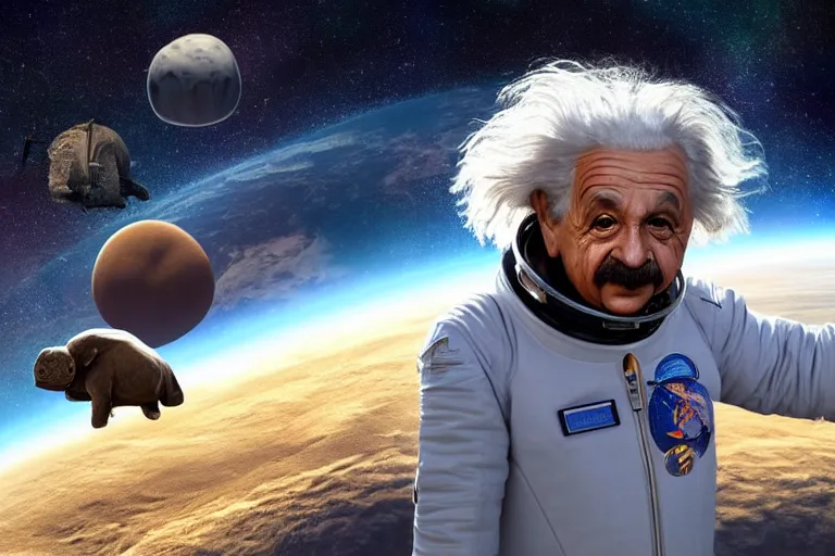 Image similar to still fullbody photo of sad albert einstein in spacesuit in space, flat earth on elephants and turtle at background, highly detailed, photorealistic shot, bright studio setting, studio lighting, crisp quality and light reflections, unreal engine 5 quality render