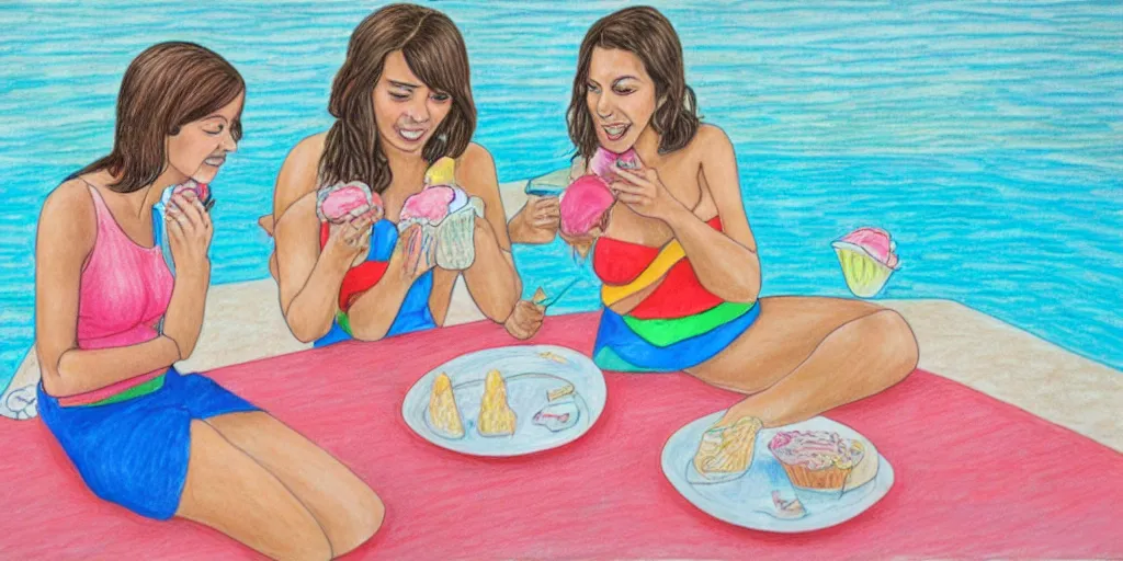 Image similar to colored pencil drawing of two women eating ice cream at the pool, one has two scoops of rainbow sherbet and the other has a huge waffle cone of vanilla