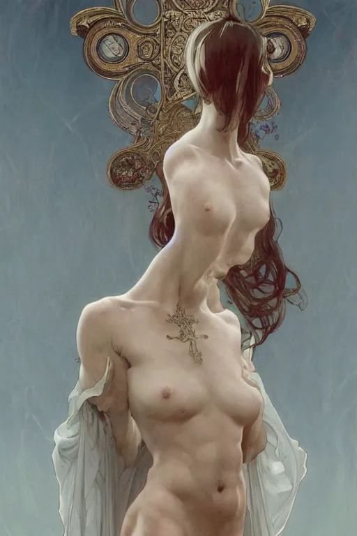 Prompt: a full body portrait of a beautiful ethereal delicate roman catholic bishopress meditative sacral pose catholic stages of the cross, intricate, elegant, highly detailed, digital painting, artstation, concept art, smooth, sharp focus, illustration, art by krenz cushart and artem demura and alphonse mucha