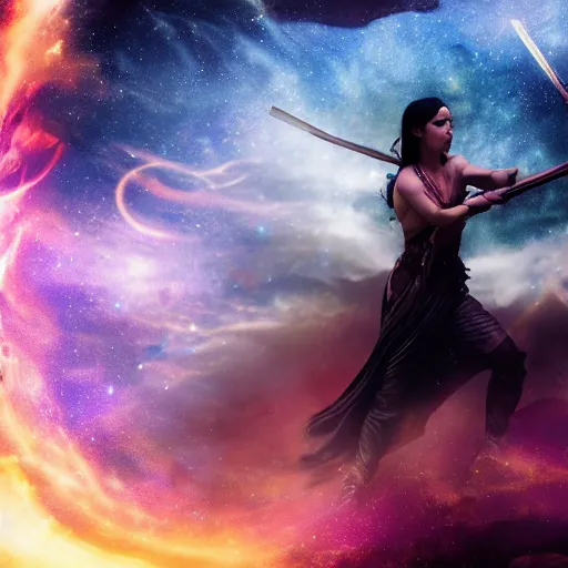 Image similar to An epic movie shot of a goddess fighting, cinematic, moody lighing, galaxy, vivid colors, explosion, spear, tarot, noble,