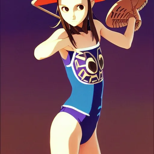 Image similar to beautiful boyish natalie portman gravure model in majora's mask, wearing wooden mask and baseball cap and leotard, street wear with subtle mayan patterns, aztec bathing suit, gapmoe yandere grimdark, trending on pixiv fanbox, painted by greg rutkowski makoto shinkai takashi takeuchi studio ghibli, akihiko yoshida