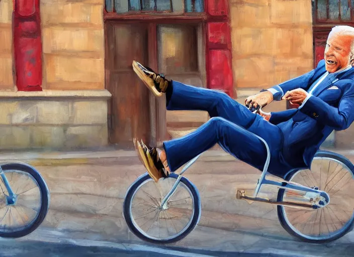 Image similar to cinematic artwork of joe biden falling off a bicycle, artwork by rutowski, realistic, 4 k, masterpiece