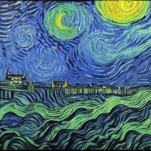 Image similar to cthulhu coming from the night sky of a city, painting by van gogh