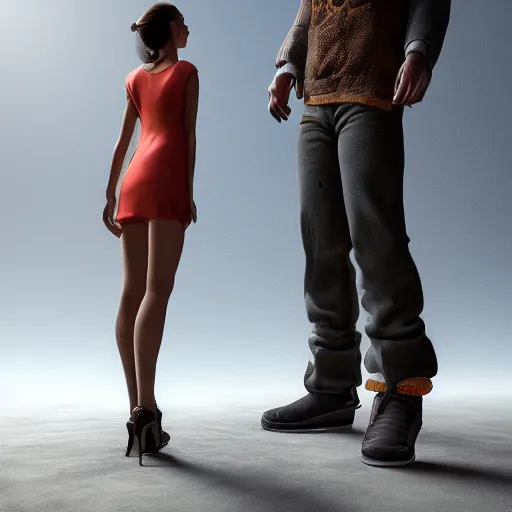 Image similar to A young beautiful giantess standing next to a small man who is only as tall as her ankle, beautiful lighting,digital art , highly detailed , high contrast, beautiful lighting, award winning , trending on art station, 8k, photorealistic,unreal engine 5