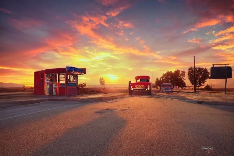 Image similar to a sunset light landscape with historical route 6 6, lots of sparkling details and sun ray ’ s, blinding backlight, smoke, volumetric lighting, colorful, octane, 3 5 mm, abandoned gas station, old rusty pickup - truck, beautiful epic colored reflections, very colorful heavenly, softlight