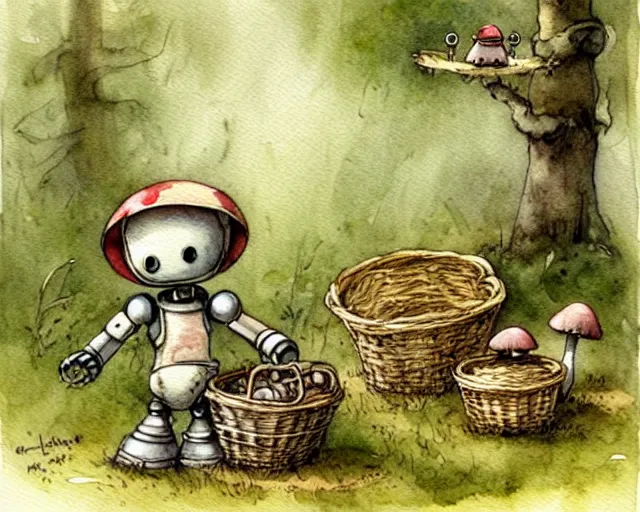 Image similar to a cute little robot walking in the forest picking mushrooms, holding a basket full of mushrooms, watercolor painting by jean - baptiste monge, muted colors