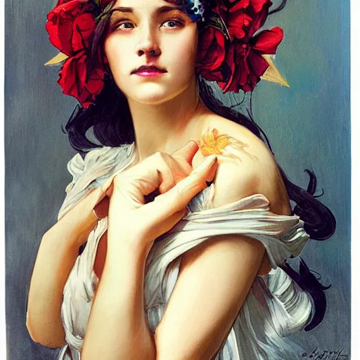 Prompt: epic portrait an woman with a skull face and wet flowing hair, flower crown, made by j. c. leyendecker