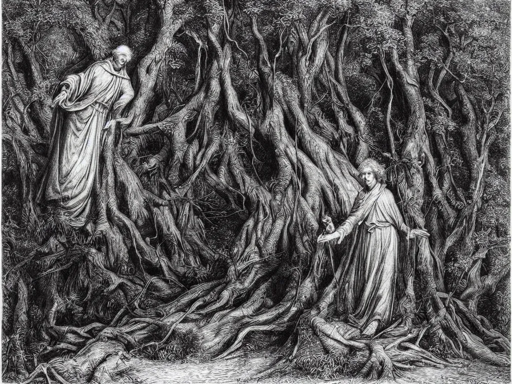 Prompt: “An engraving of Dante within a dark tangled forest, Wistman’s Wood by Gustave Dore”