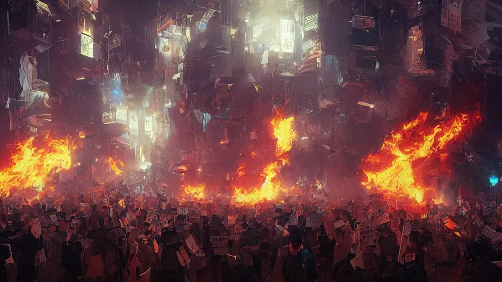 Image similar to protesters holding placards, abstract digital illustration by greg rutkowski, fire, android netrunner, nighttime